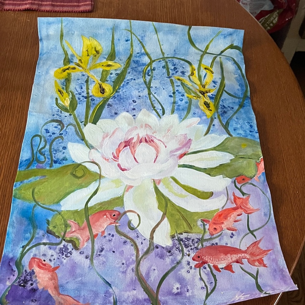 Original Ruth Hansen Acrylic on Canvas Wall Hanging Water Lily & Koi 2012